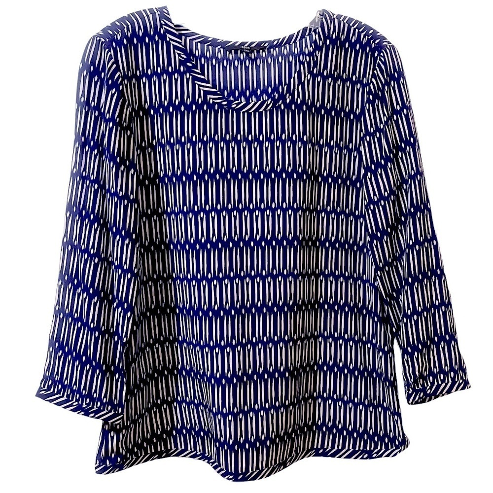 Hugo Boss Women’s Silk Navy &‎ White Print Wide Neck L/S Tunic Blouse Size 8